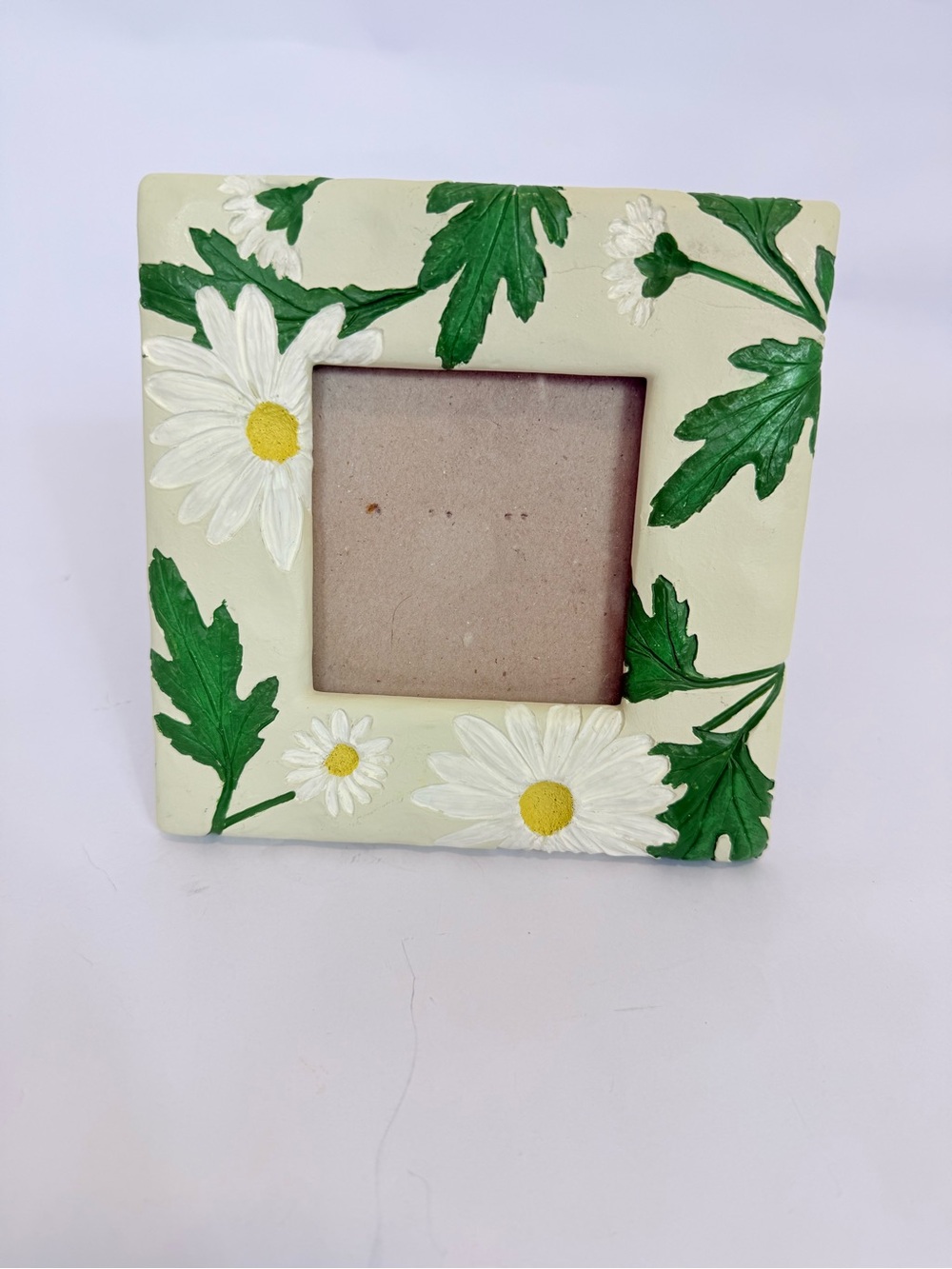 Hand-Painted Daisy Ceramic Photo Frame - Cream and Green Sculptural 3 X 3 Photo